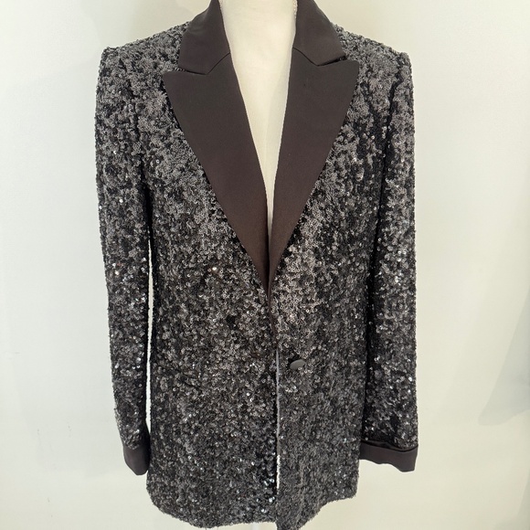Alice & Olivia Breann Sequin Fitted Black Blazer Evening Cocktail - Picture 2 of 7